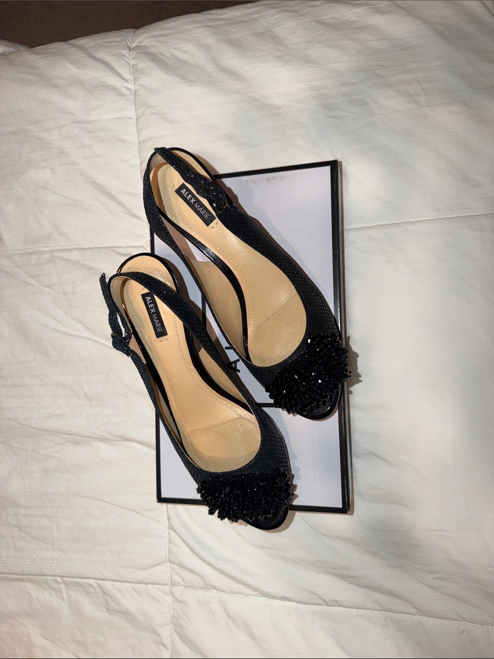 Alex Marie Black Slingback Peep-Toe Heels with Pom Pom Accent